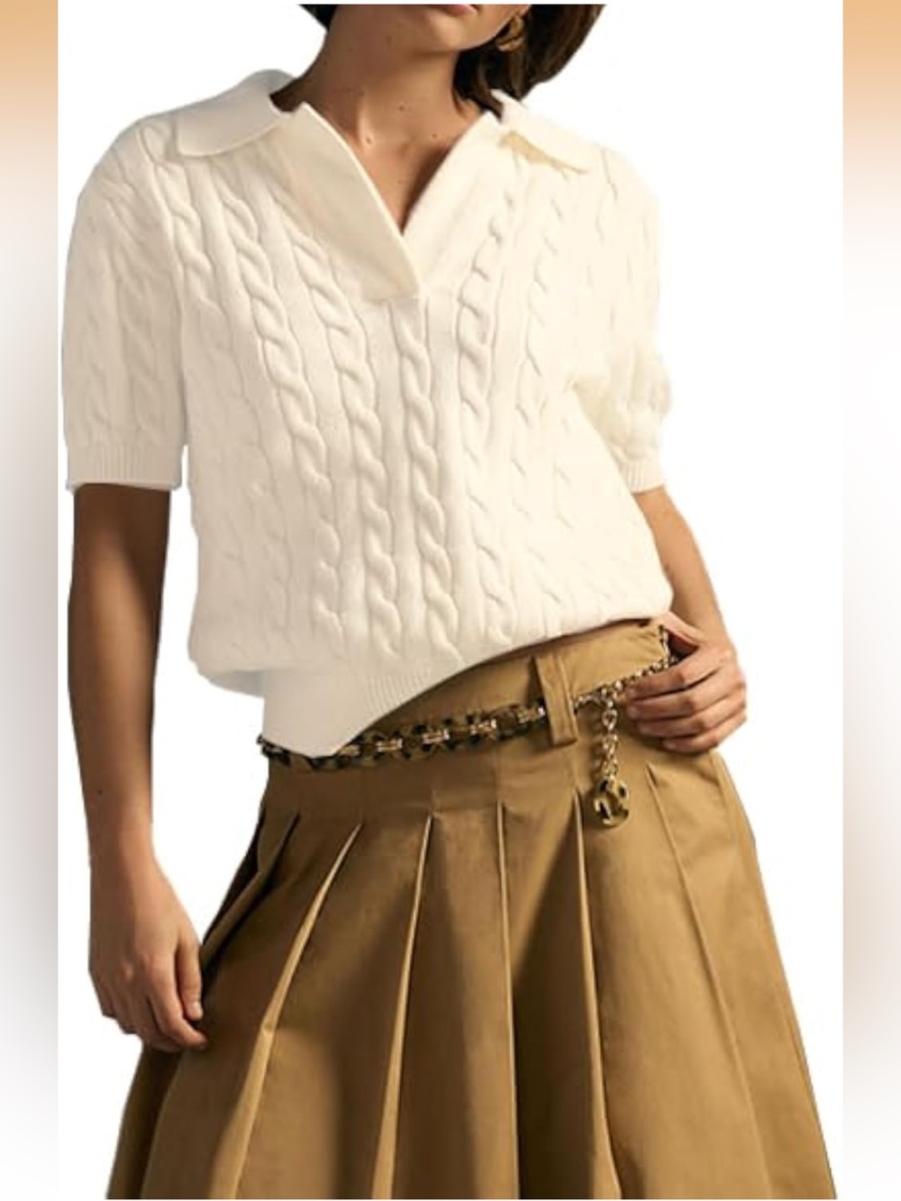 Women’s Ivory Cable Knit Sweater Polo Short Sleeve Collared Top Size large